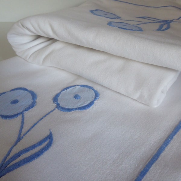 French Vintage Bed Sheet | White Bed Linen | White Cotton Sheet | Blue Flowers | Decorative Floral Top Sheet | Vintage French Bedding