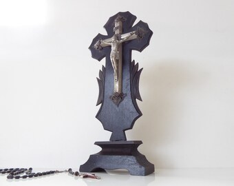 Vintage Table Top Crucifix - French Desktop Cross - Corpus Christi - Free Standing Crucifix - Wooden Rood