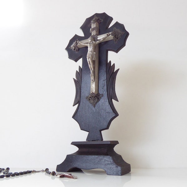 Vintage Table Top Crucifix - French Desktop Cross - Corpus Christi - Free Standing Crucifix - Wooden Rood