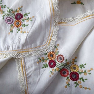 Embroidered Floral Tablecloth, Pretty French Vintage Table Linen With Hand Embroidered Flowers