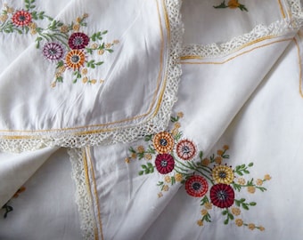 ヴィンテージ手刺繍花柄テーブルクロス、コテージコアリネン（88 x 76