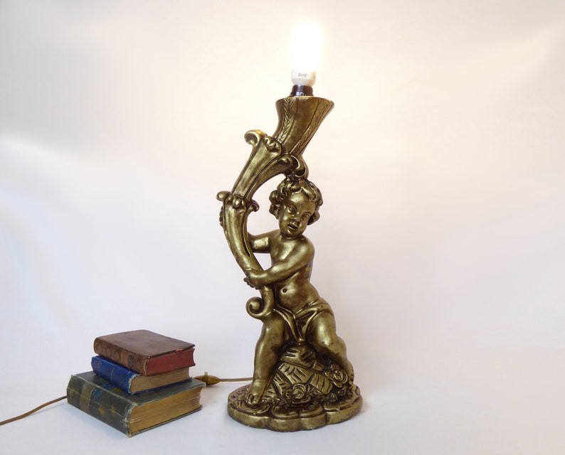 Large Plaster Cherub Lamp Cherub Decor Gilded Cherub Table Etsy