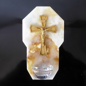 Antique Marble Benitier: French Vintage Holy Water Font with Gilt Crucifix
