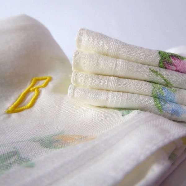 Vintage French Monogrammed Floral Handkerchiefs, Antique Pocket Square, Embroidered Hankies