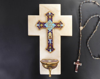 Vintage French Marble Holy Water Font: Cloisonné Cross Benitier