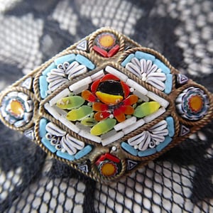 Vintage Italian Micro Mosaic Brooch: Floral Brass Jewelry