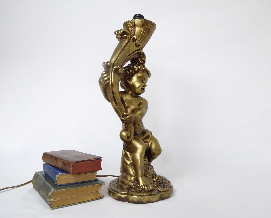 Large Plaster Cherub Lamp Cherub Decor Gilded Cherub Table Etsy