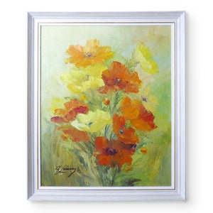 Könnte beinhalten: Ein gerahmtes Ölgemälde eines Straußes aus orangefarbenen, gelben und roten Mohnblumen. Das Gemälde ist unten links mit "G. Lamy" signiert.