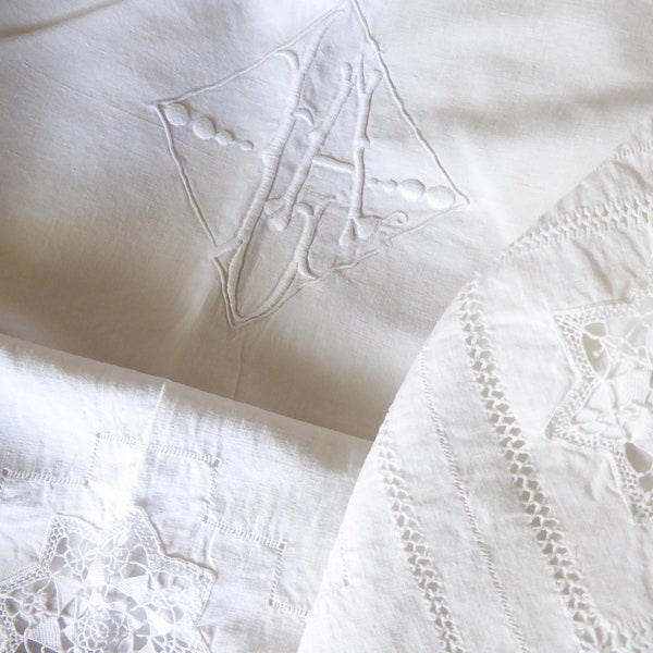 Embroidered Bed Sheet With LA Monogram | XL Double Sheet | White Bedroom Décor | Vintage Luxury Bedding | French Bed Linen