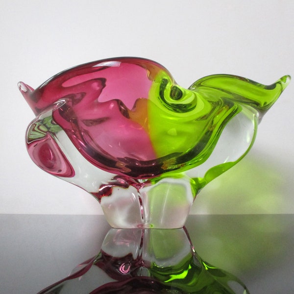 Mid Century Chribska Raspberry And Green Art Glass Bowl | Josef Hospodka | Vintage Czech Bohemian Glass | Green And Hot Pink Décor