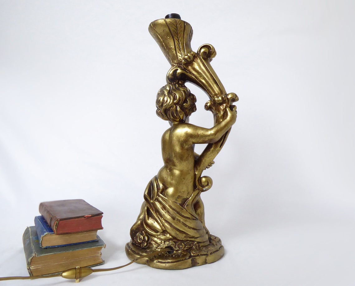Large Plaster Cherub Lamp Cherub Decor Gilded Cherub Table Etsy