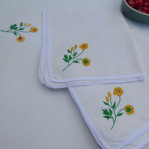 Vintage Französische Florale Tischdecke & Servietten: Besticktes Ecru Leinen Set