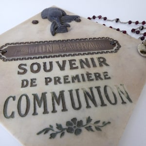 First Communion Souvenir - Antique French Religious Souvenir - Marble Plaque