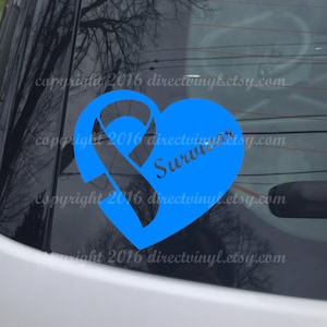 May include: Blue ribbon in the shape of a heart with the word "Survivor" written inside. The heart is on a black car window.