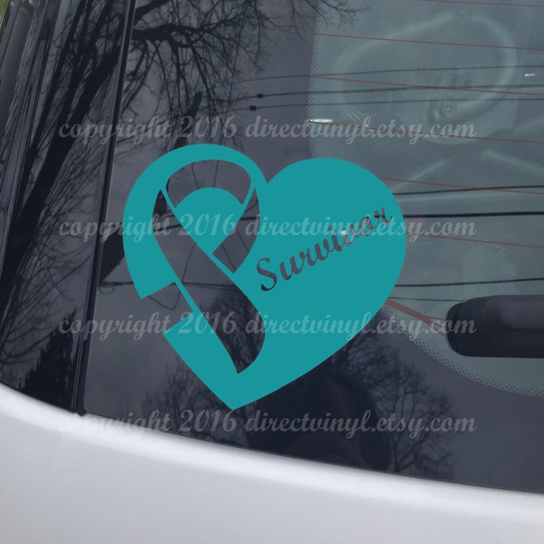 YOU CHOOSE TEXT Teal Awareness Ribbon Survivor Heart Window Decal (Batten Disease, Polycystic Kidney, Allergy, Ovarian Cancer, Scleroderma)