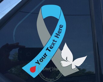 Gray and Light Blue Awareness Ribbon Vinyl Sticker - Custom Text – Diabetes – 5.5x5"