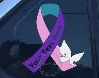 Vinylaufkleber mit Schleife zur Sensibilisierung für Schilddrüsenkrebs in Rosa, Lila und Türkis – Individueller Text – 5,5 x 5 Zoll