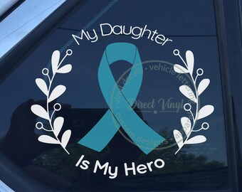 Teal Awareness Ribbon Hero Vinyl Sticker – Custom Text – Batten Disease, Ovarian Cancer, Scleroderma – 5.5x5"