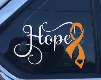Autocollant vinyle « Orange Hope » – Ruban de sensibilisation en forme de cœur – Cancer du rein, leucémie, mélanome, sclérose en plaques – 8,9 x 14 cm