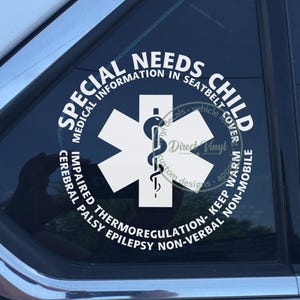 May include: A white vinyl decal applied to a car window featuring a Star of Life symbol with a central serpent and staff. The text reads: SPECIAL NEEDS CHILD, MEDICAL INFORMATION IN SEATBELT COVER, CEREBRAL PALSY, EPILEPSY, NON-VERBAL, NON-MOBILE.
