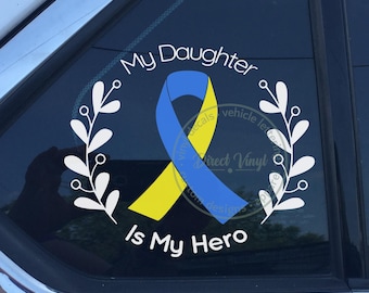 Blue & Yellow Hero Awareness Ribbon Vinyl Sticker - Down syndrom - Benutzerdefinierter Text - 13x14cm