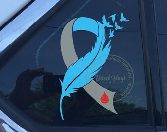 Gray & Light Blue Ribbon Feather Awareness Vinyl Sticker – Diabetes (Two Sizes)