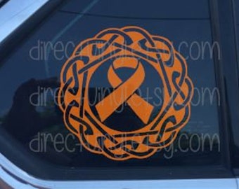 Orange Awareness Ribbon Celtic Knot  Window Decal (Kidney Cancer, Kidney Disease, Leukemia, Melanoma, Multiple Sclerosis, Skin Cancer)