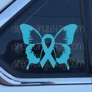 Light Blue Awareness Ribbon Butterfly Window Decal (Cushing Syndrome, DiGeorge, Graves Disease, Prostate cancer, trisomy 18, behcets)