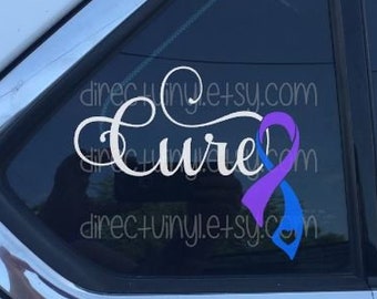 Fancy Cure with Blue And Purple Awareness Ribbon Window Decal (Pediatric Stroke, Rheumatoid Arthritis, Juvenile Arthritis))