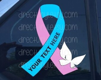 YOU CHOOSE TEXT Pink And Light Blue Awareness Text Ribbon With Butterfly Window Decal