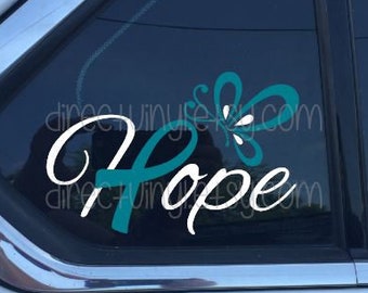 Hope With Teal Awareness Ribbon Window Decal (Batten Disease, Polycystic Kidney, Allergy, Fragile X, Ovarian Cancer, Scleroderma)