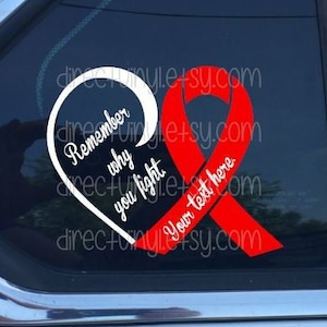 Può includere: Un cuore bianco con il testo "Remember why you fight" e un nastro rosso con il testo "Your text here" su uno sfondo nero.