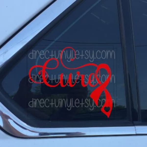 Fancy Cure w/ Red Awareness Ribbon Decal (EB, AIDS, CHD, Aplastic Anemia, Cardiovascular Disease, Evans Syndrome, Heart Disease