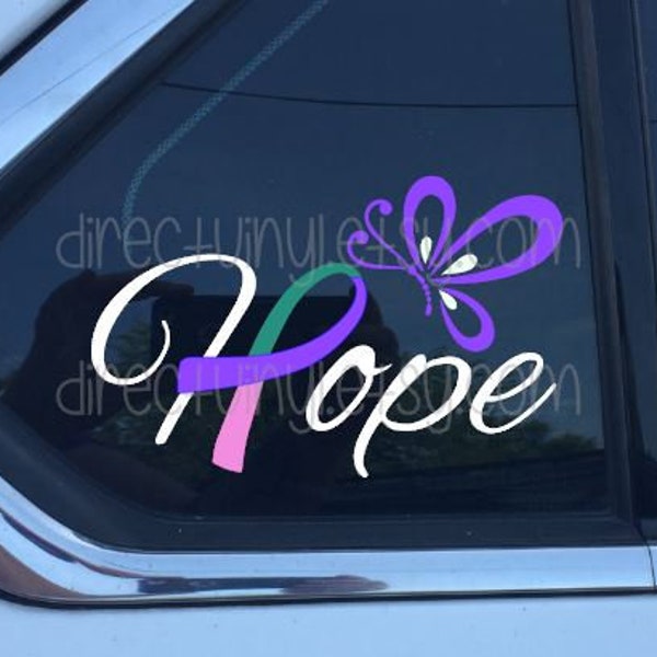 Pink/Purple/Teal Hope Awareness Ribbon Window Decal (thyroid cancer)