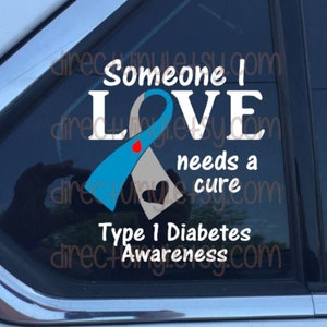 May include: A blue and gray ribbon with a red drop of blood in the center. The ribbon is a symbol of awareness for Type 1 Diabetes. The text reads "Someone I LOVE needs a cure Type 1 Diabetes Awareness".
