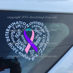 Pink/Purple/Teal Awareness Ribbon Word Heart Window Decal (thyroid cancer)