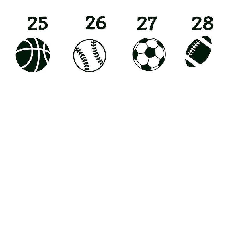 K&ouml;nnte beinhalten: Ein Set aus vier schwarzen Sportball-Symbolen, die horizontal angeordnet sind. Von links nach rechts sind die Symbole ein Basketball mit der Nummer 25, ein Baseball mit 26, ein Fu&szlig;ball mit 27 und ein American-Football-Ball mit der Nummer 28.