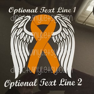 May include: Orange ribbon with white angel wings, with the text "Optional Text Line 1" and "Optional Text Line 2" below.
