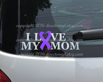 Purple Awareness Ribbon Love My Mom Decal (Epilepsy, Lupus, Cystic Fibrosis, Rett, Craniosynostosis, Fibromyalgia)