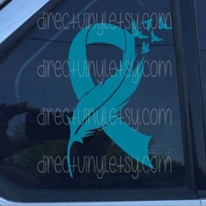 Teal Awareness Ribbon Feather Window Decal (Batten Disease, Polycystic Kidney, Allergy, Fragile X, Ovarian Cancer, Scleroderma)