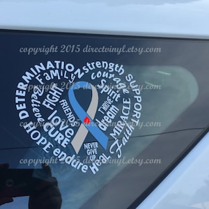 Grey and Light Blue Awareness Ribbon Word Heart Window Decal (Type 1 Diabetes)