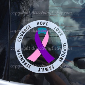 Pink/Purple/Teal Awareness Ribbon Text Circle Window Decal (thyroid cancer)