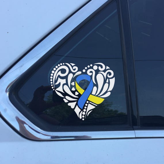 Blue & Yellow Tribal Heart Awareness Ribbon Vinyl Sticker – Vinyl Car Decal Down Syndrome– 5.7x6.5"