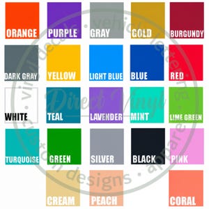 May include: A color chart featuring twenty-two square swatches of various colors, each labeled with its corresponding name in white text. The colors include orange, purple, gray, gold, burgundy, dark gray, yellow, light blue, blue, red, white, teal, lavender, mint, lime green, turquoise, green, silver, black, pink, cream, peach, and coral.