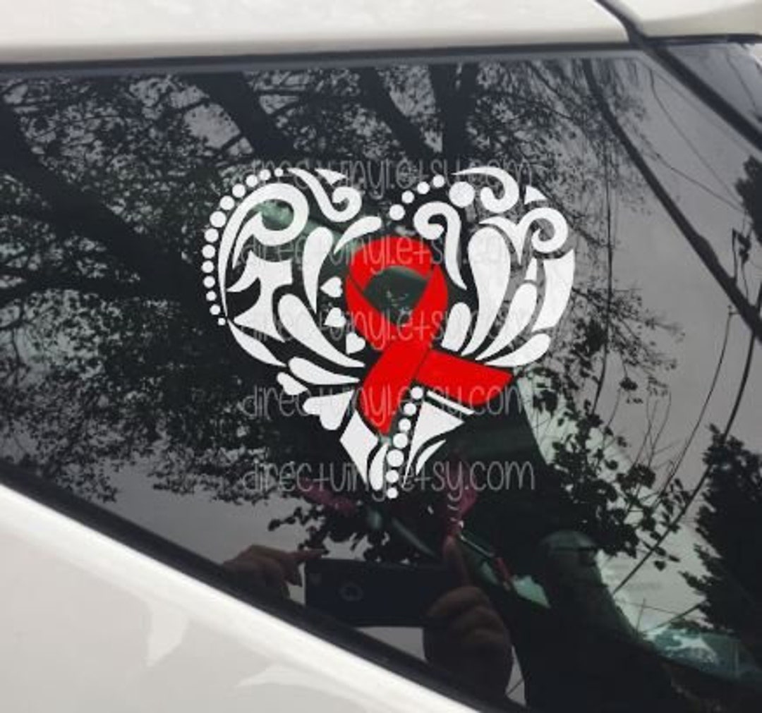 Red Awareness Ribbon Tribal Heart Design Window Decal (EB, AIDS, CHD ...