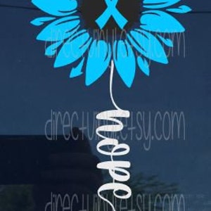 May include: A blue sunflower with a blue ribbon in the center and the word "Hope" written in a cursive font below.