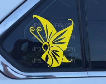 Yellow Awareness Ribbon Butterfly Window Decal (Spina Bifida, Adenosarcoma, Ewings Sarcoma, Liver Cancer, Liver Disease, Endometriosis)
