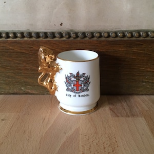 Staffordshire Commemorative City of London Porcelain Demitasse Cup | Arthur Bowker | Coat of Arms | Gilded Lion Handle | Vintage | 1950s