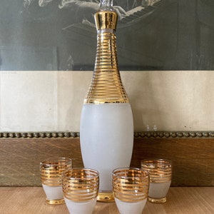Italian Murano Glass Cordial Set | 5 piece set | Decanter with Glasses | Hand Painted | Gold Stripes | Made in Italy | Vintage | c. 1950s