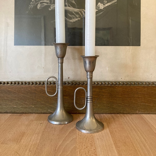 Silver Trumpet Shaped Candlestick Holders | Set of Two (2) | Christmas Decor | Holiday | Vintage | c. 1960s
